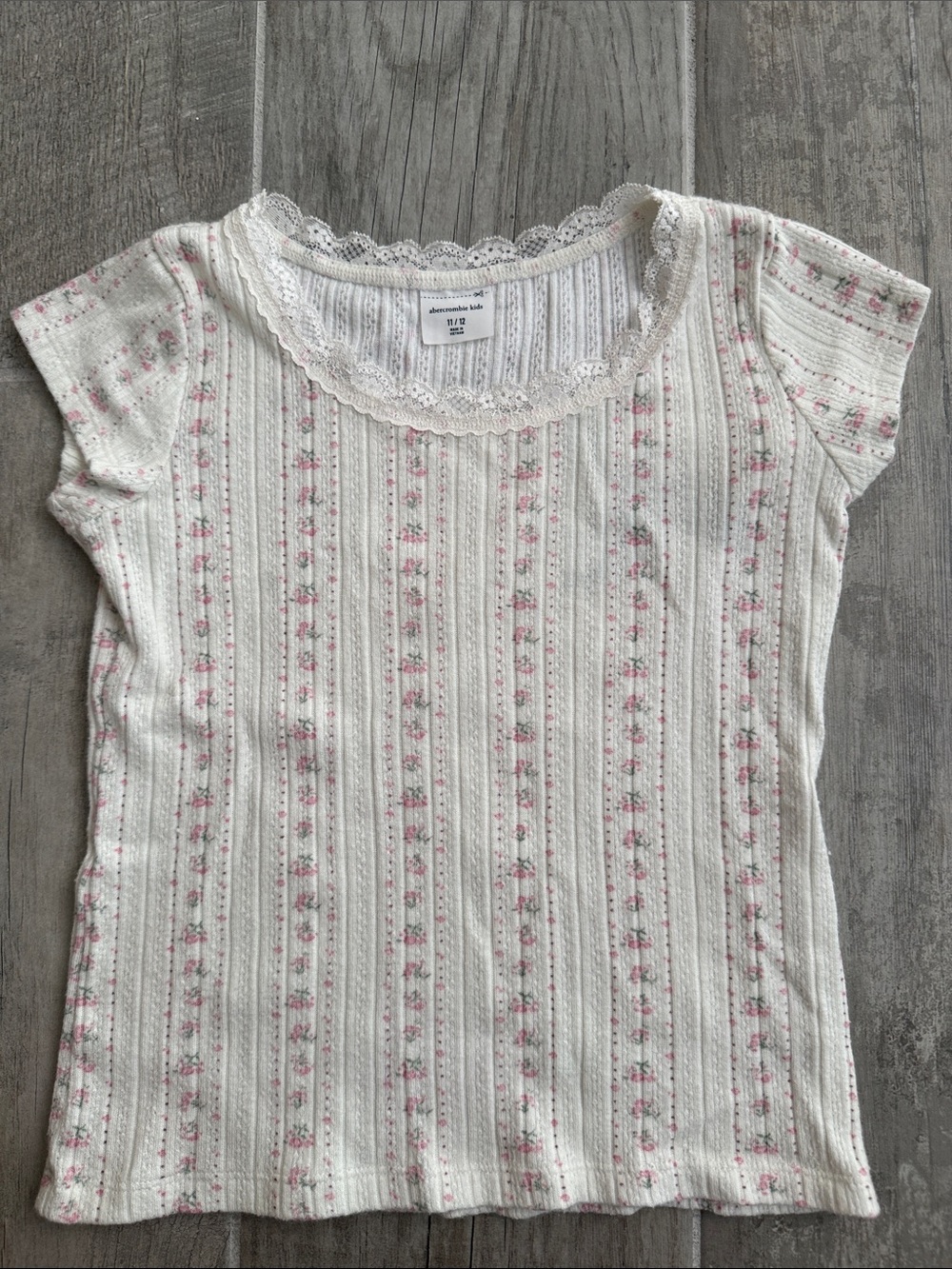abercrombie kids Cream Tee with Pink Floral Stripes and Lace Neckline